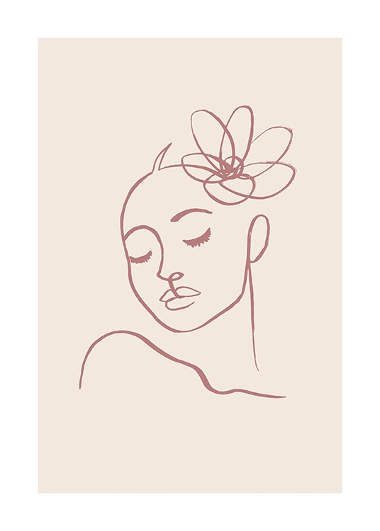  – Illustration of a woman with a flower in her hair, with lines in light red on a beige background