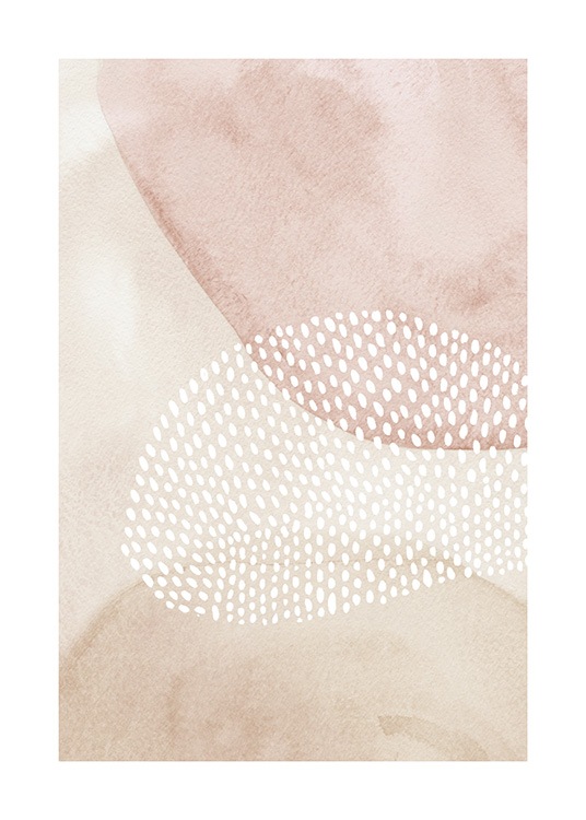  – Illustration with pink and beige shapes behind a shape formed by small, white dots