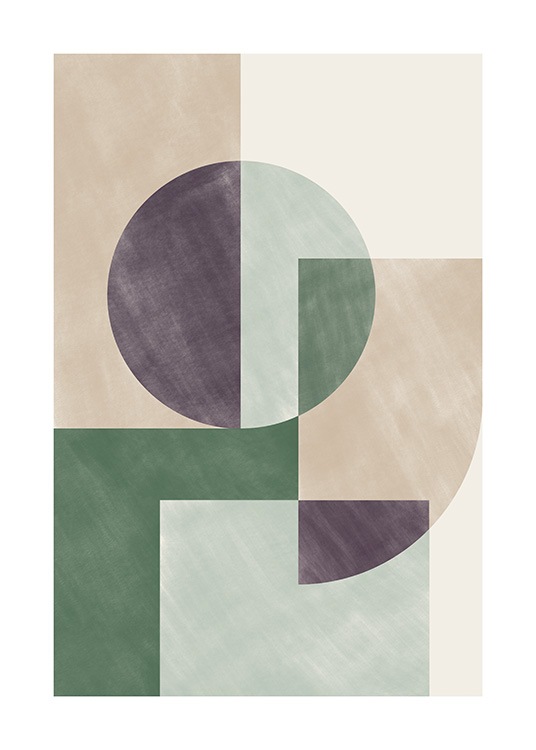  – Geometric shapes in beige, shades of green and purple overlapping each other