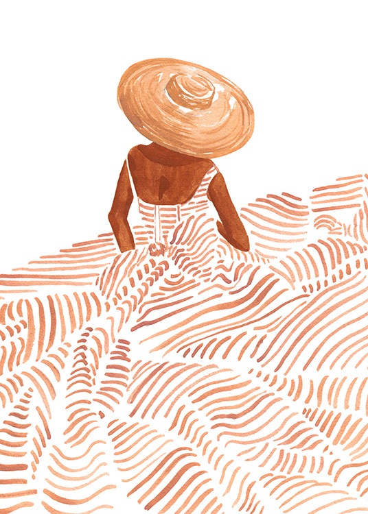  – Illustration in watercolour of a woman wearing a large dress with orange stripes and a sunhat