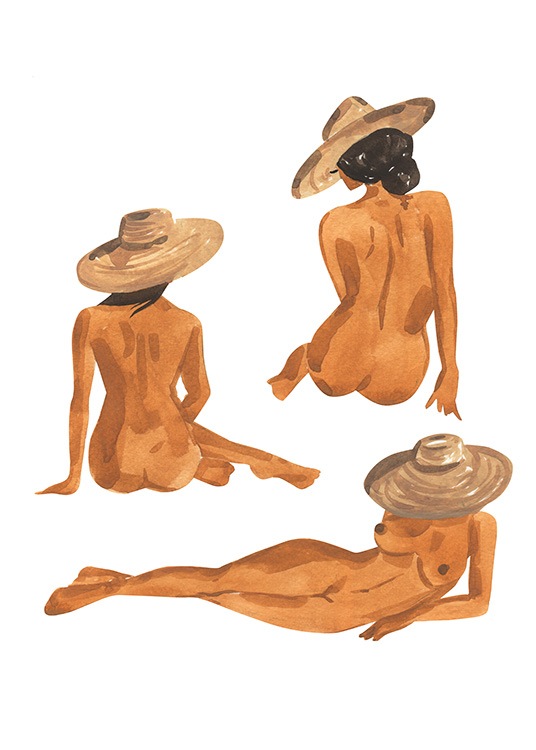  – Illustration in watercolour of three females, sitting and laying down, wearing sunhats