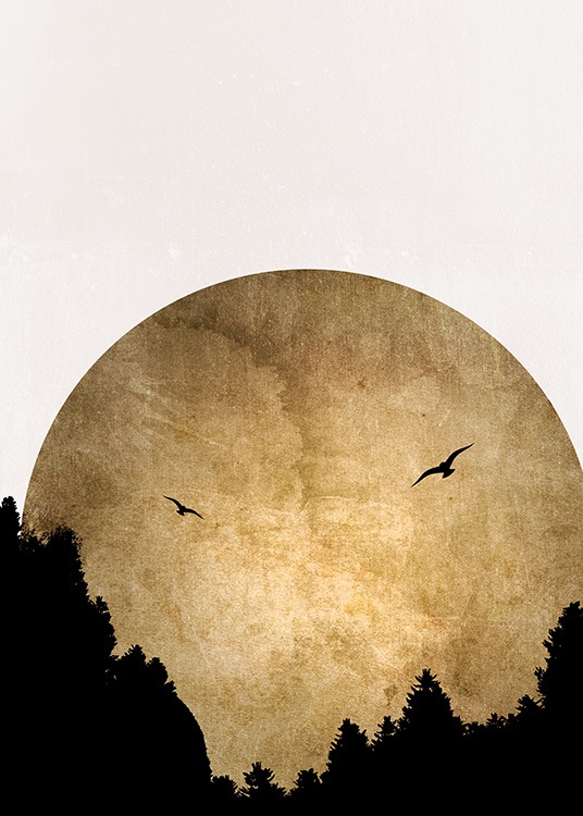  – Graphic illustration of a golden sun behind two birds and black trees