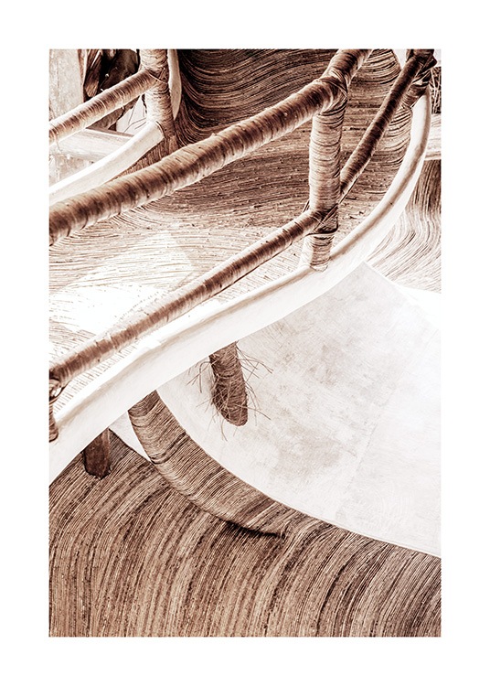  – Photograph of a flat staircase in a treehouse made of organic material