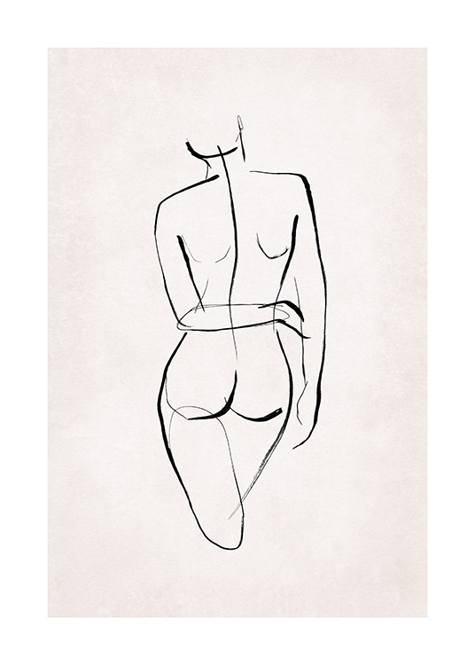  – Illustration with a naked body painted in line art with black lines on a light pink background