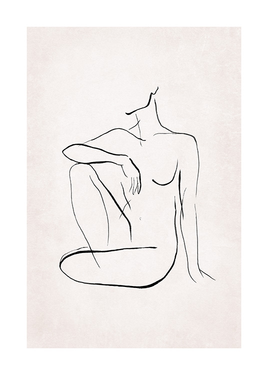 – Illustration in line art with a naked body sitting down, painted in black on a light pink background
