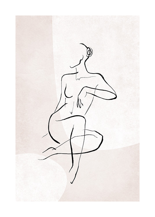  – Illustration in line art of a naked woman sitting down, with lines in black against a light pink background