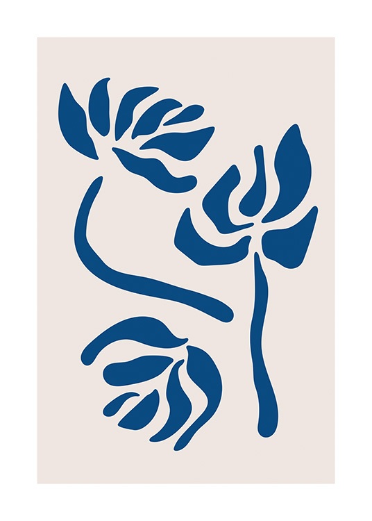  – Graphic illustration with flowers in dark blue on a light beige background
