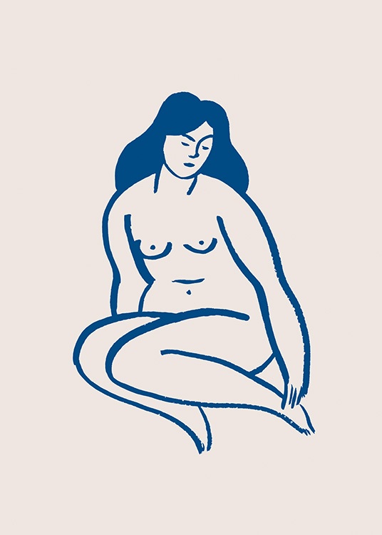  – Graphic illustration in blue and beige of a naked woman sitting down with her knees tucked in underneath her