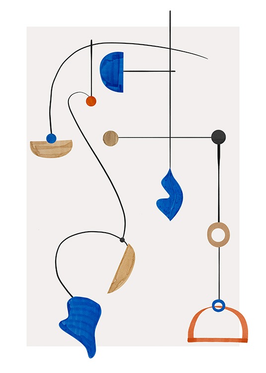  – Graphic illustration with colourful, abstract shapes hanging in black lines