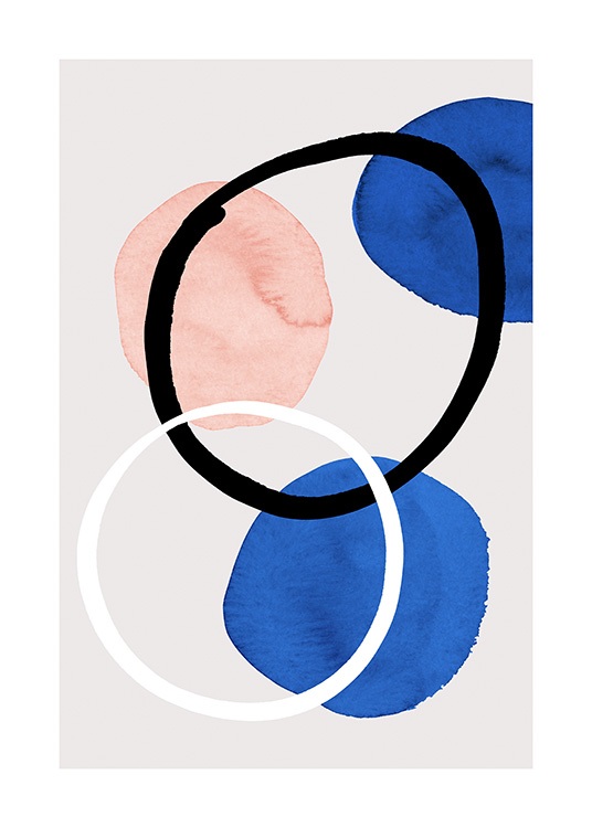  – Illustrated pink and blue circles behind two circles in white and black, on a light beige background