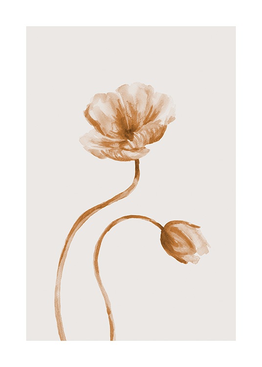  – Two flowers in brown and beige painted in watercolour, on a light beige background