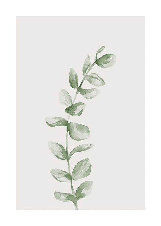  – Small, green leaves on a branch painted in watercolour against a light beige background