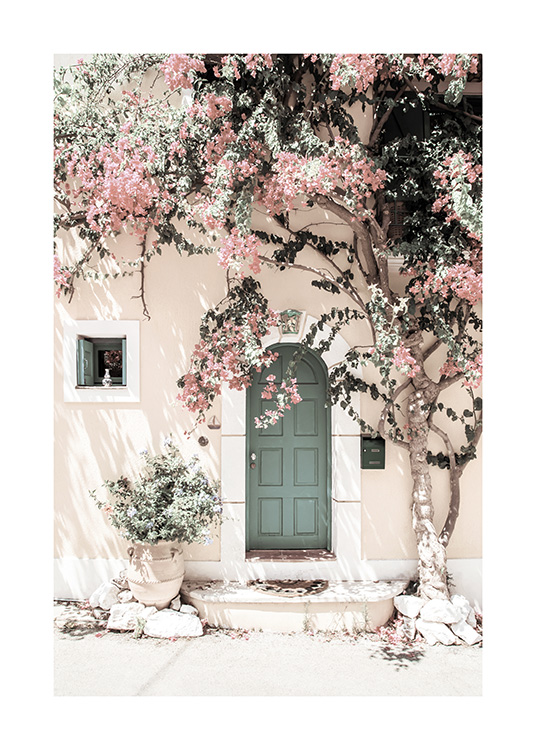  – Photograph of a house with a green door and a pink tree in front of it