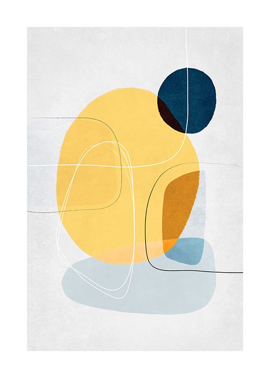  – Graphic illustration with black and white lines on blue and yellow circles