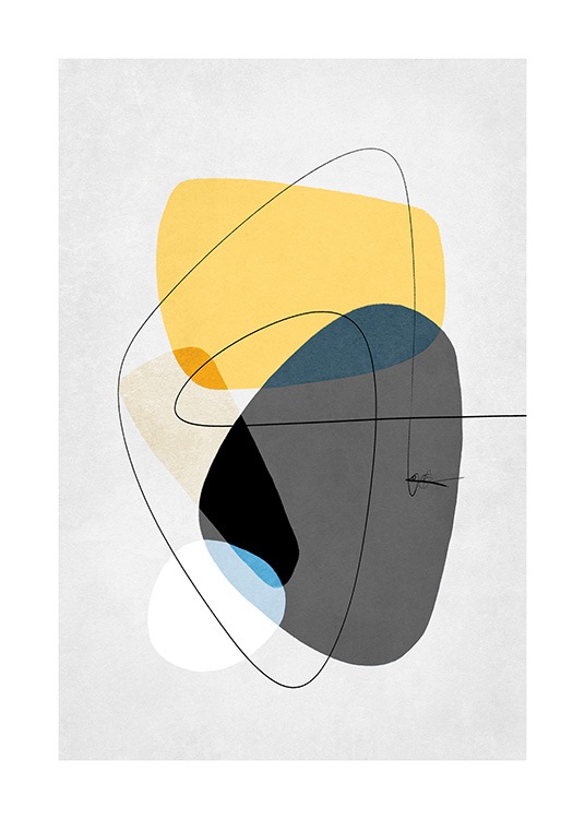  – Graphic illustration with abstract shapes in grey and yellow, on a light grey background