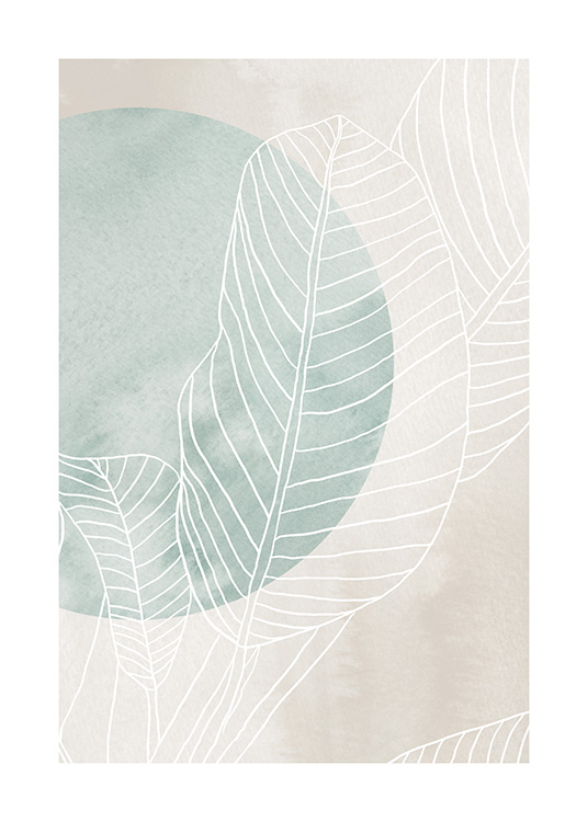  – Illustrated ficus leaves in white, with a green circle behind them and a beige background