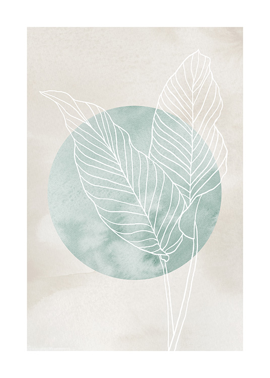  – White leaves in line art with a green circle behind them, on a beige background