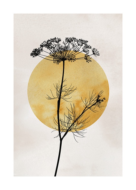 – Illustration with a dark yellow sun behind a black plant, on a beige background