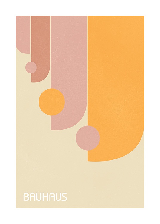  – Graphic illustration in the Bauhaus style with geometric shapes in orange and pink