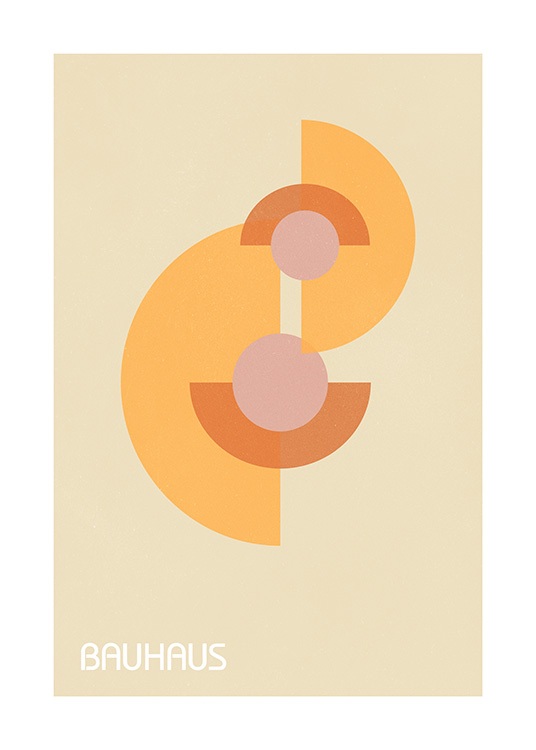  – Graphic illustration with geometric shapes in orange and pink and the word Bauhaus underneath