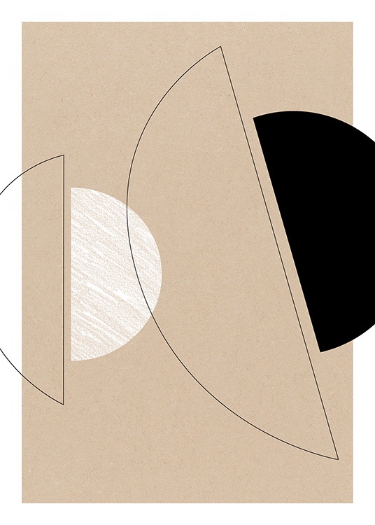  – Graphic illustration with geometric shapes in black and white on a brown, cardboard textured background