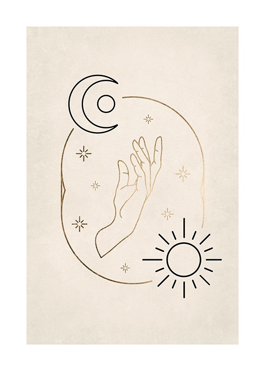  – Illustration with a black moon and sun surrounding a golden hand and golden stars