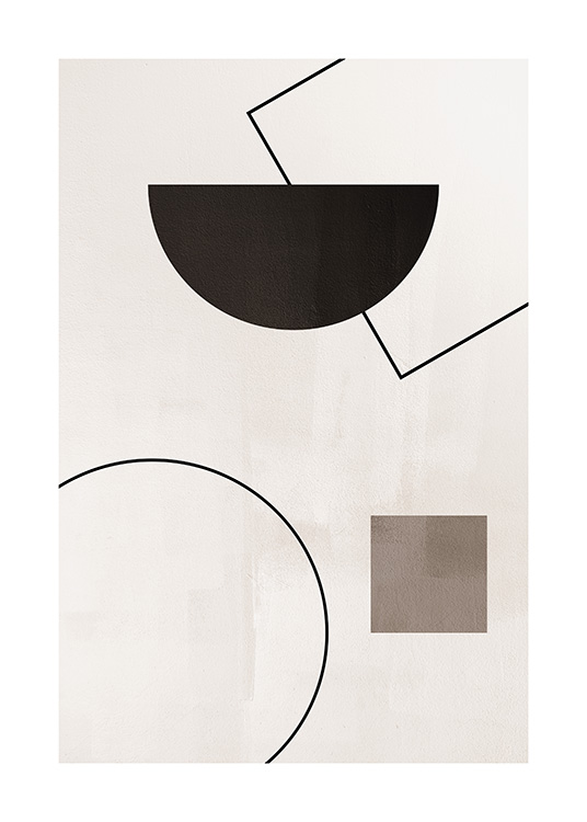  – Graphic illustration with brown and black geometric shapes and lines on a beige background