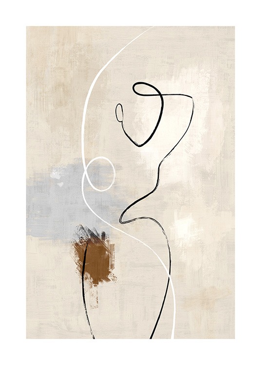 – Illustration with a body in black line art on a speckled background in beige with blue and brown details