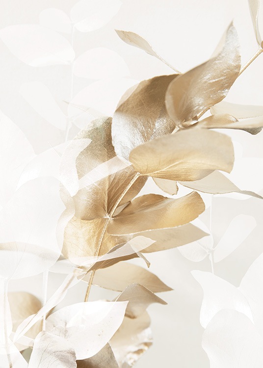  – Photograph with close up of an eucalyptus branch in gold and white against a light beige background