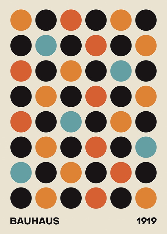  – Graphic illustration with black, red, orange and blue circles on a beige background