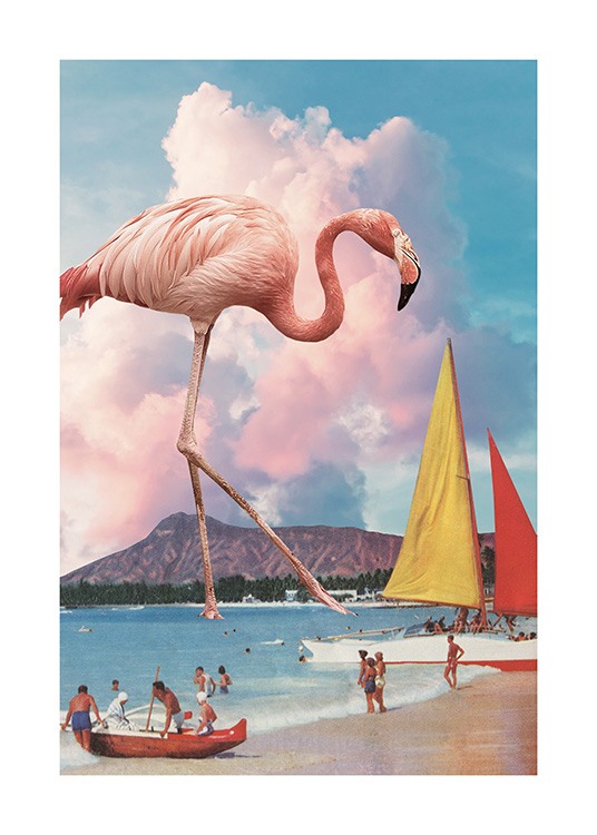  – Art print with a large flamingo walking in an ocean in front of a beach