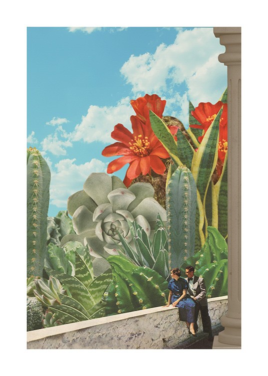  – Art print with large cacti and red flowers behind two people, with a blue sky in the background