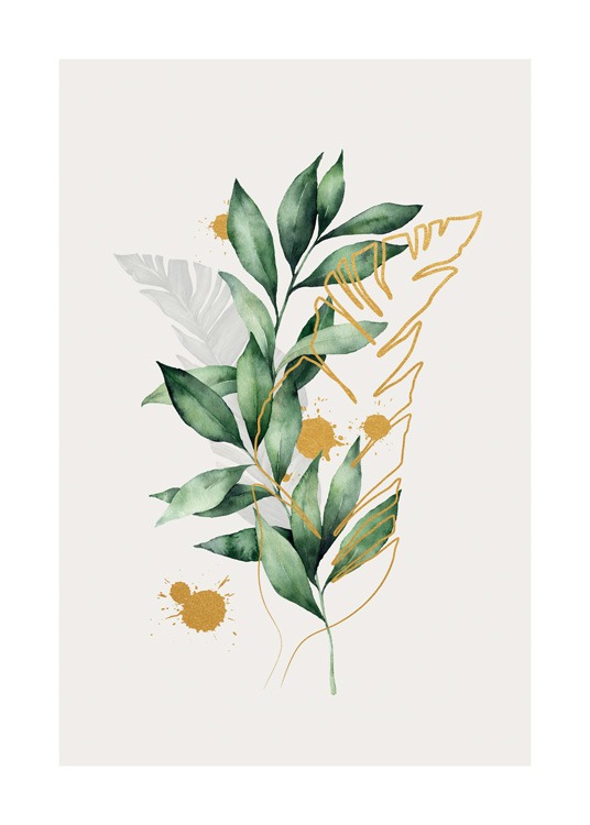 Golden Aquarelle Leaves No1 Poster
