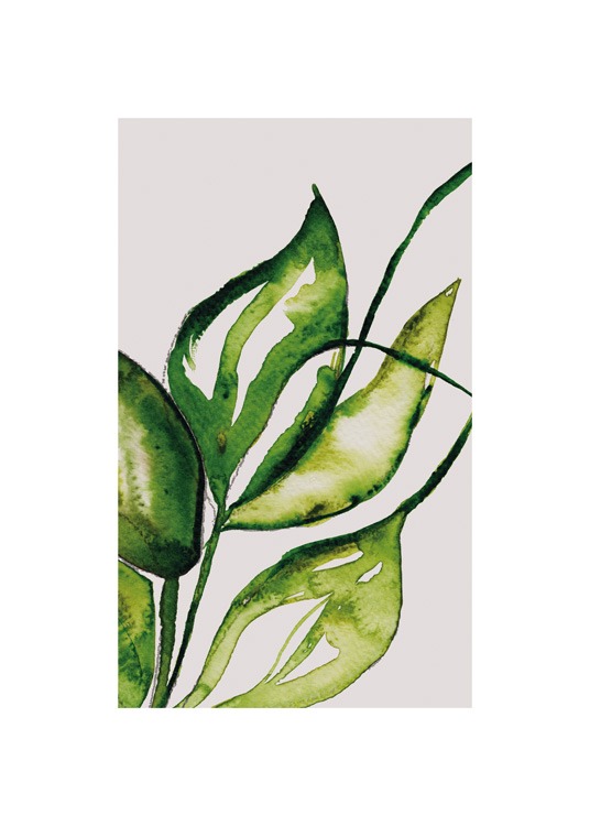  – Painting with green leaves painted in aquarelle on a beige background