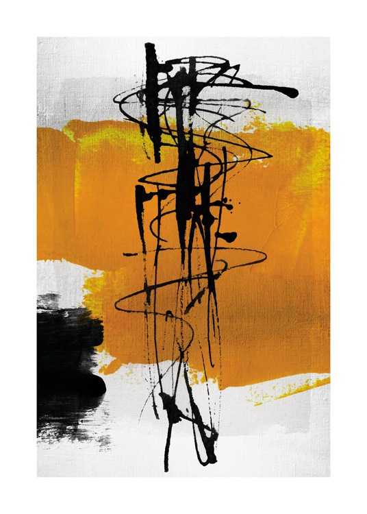  – Black and yellow abstract shapes and swirls on a light grey background