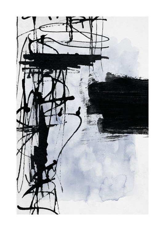  – Brush strokes and paint splatters in black, with a blue and light grey background