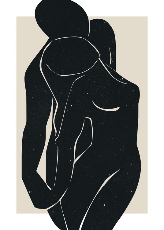  – Graphic illustration of a pair of naked bodies in black, with small white spots on them, against a beige background
