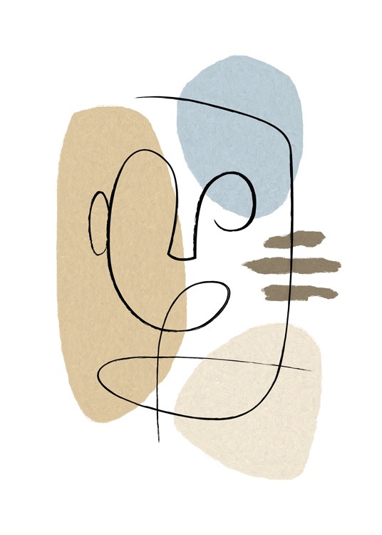  – Illustration with blue and beige shapes and an abstract face drawn in line art, on a white background