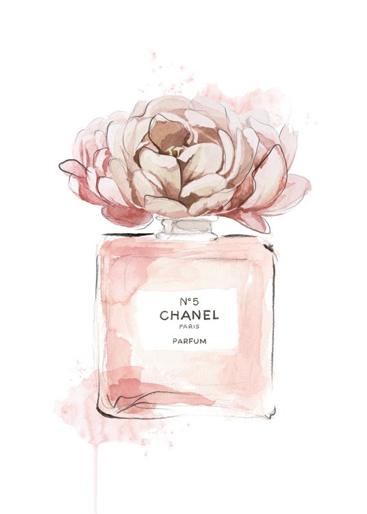  – Painting in watercolour of a perfume bottle in pink with a pink flower on top of it