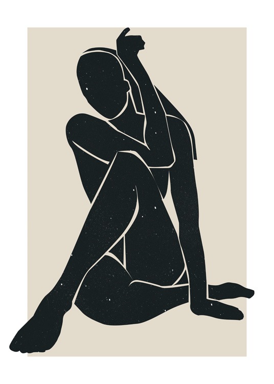  – Graphic illustration of a naked woman drawn in black with white spots, sitting with her legs crossed