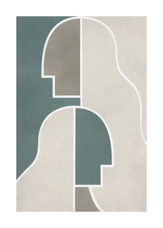  – Graphic illustration in beige and green, with abstract shapes separated by white lines