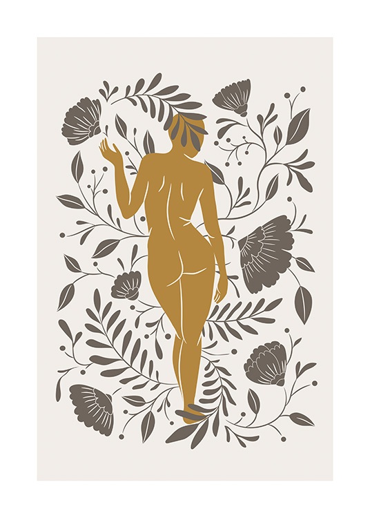  – Graphic illustration of an orange, naked woman seen from behind, surrounded by brown flowers and leaves