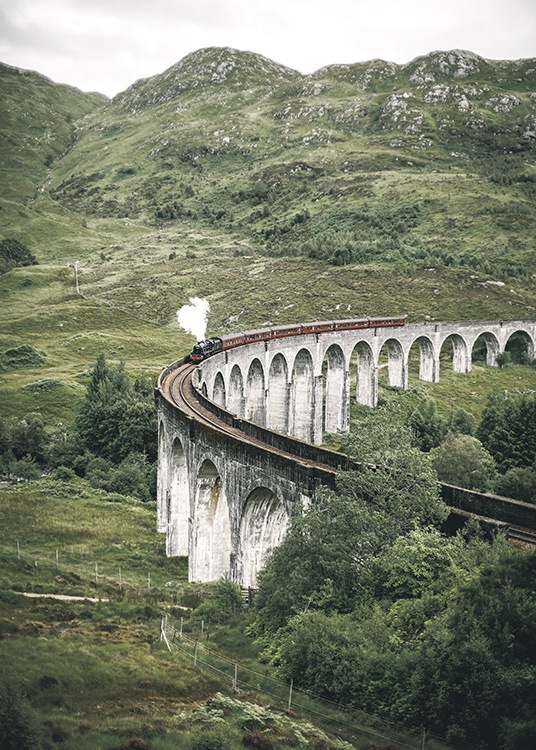  – Photograph of the Glenfinnan Viaduct and a train surrounded by a green landscape