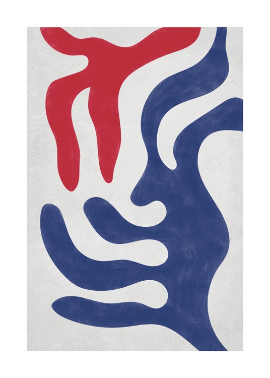  – Abstract, graphic illustration with shapes in red and blue on a light grey background