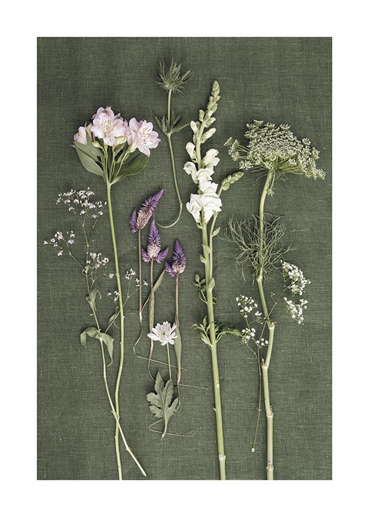  – Photograph of a row of wild flowers in green, white, pink and purple on a green linen background