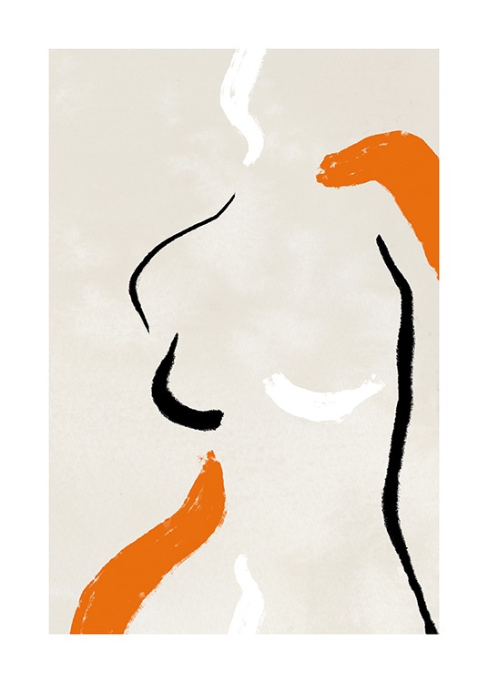  – Line art painting with an abstract body outlined in white, orange and black on a beige background