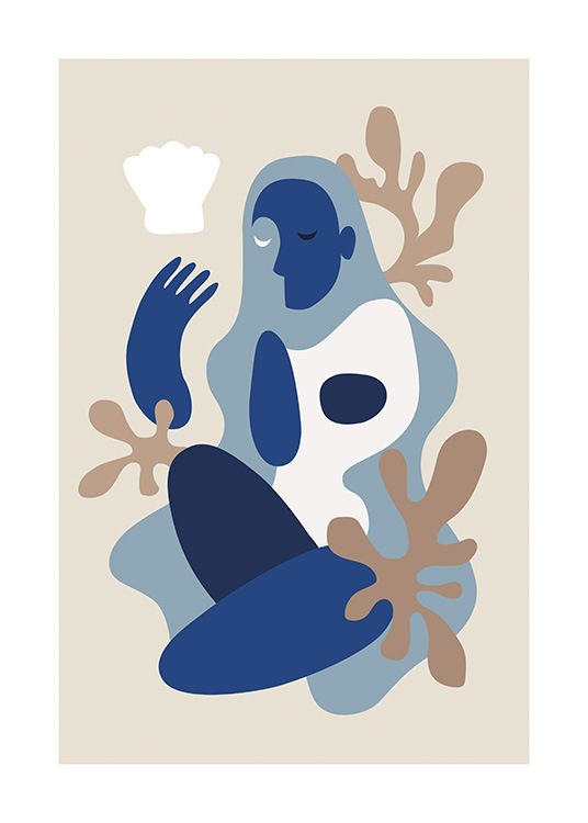 – Graphic illustration of an abstract body in white and blue colour blocks against a beige background