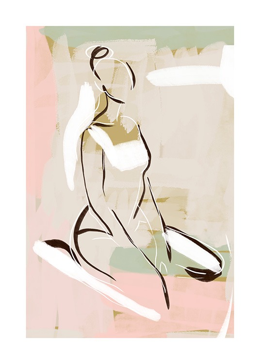  – Drawing of a woman sitting down, drawn in line art against a pink and light green background
