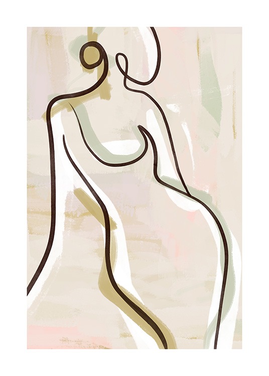  – Drawing in line art of a woman's body in brown and white, against a pink, beige and light green background