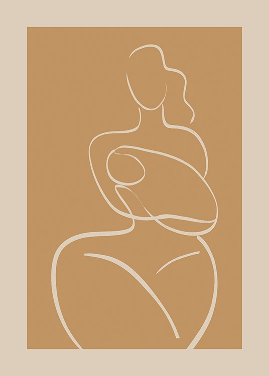  – Graphic illustration of a woman holding a baby in her arms, drawn in beige line art on a dark yellow background